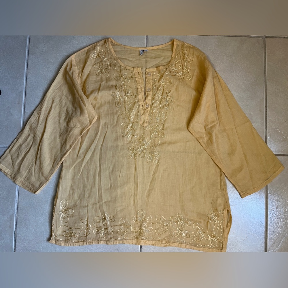 Paths Of The Spirit Boho Tunic Women’s M/L Yellow Gauze Embroidery Cotton India